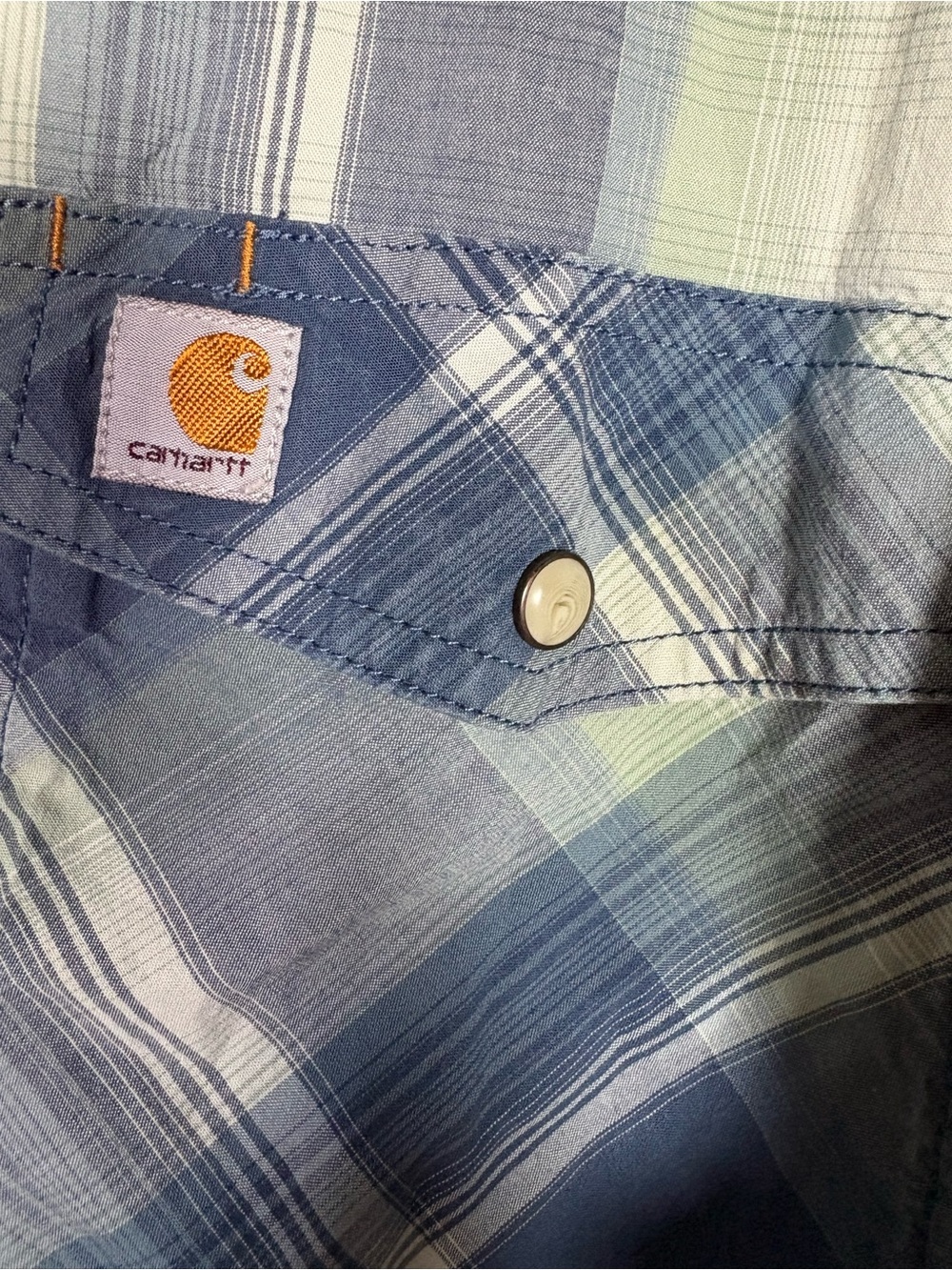 Carhartt Blue and White Plaid Pearl Snap Workshirt